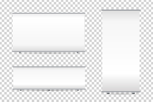 Conjunto de pancartas enrollables en blanco realistas sobre fondo transparente para decoración y publicidad. soporte blanco simulacro de plantillas ilustración vectorial.