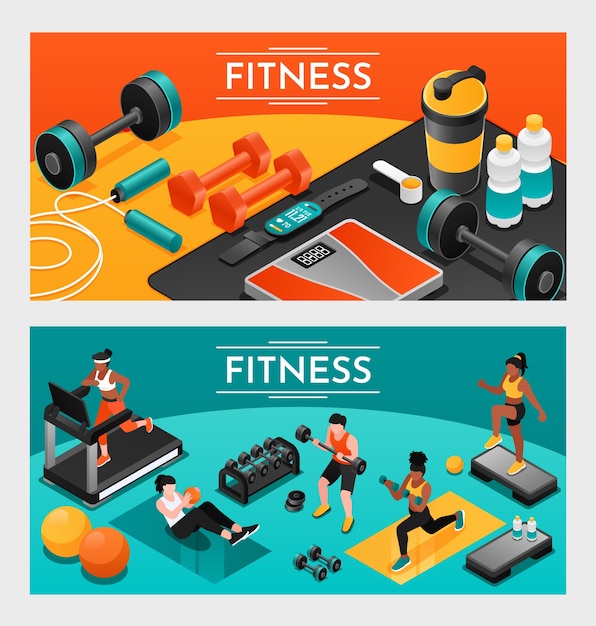 Conjunto de pancartas de fitness isométricas dibujadas a mano
