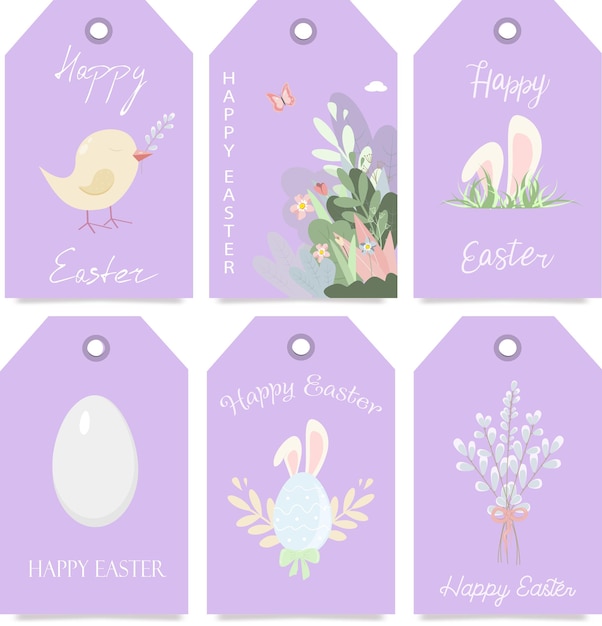 Un conjunto de pancartas happy easter, etiquetas y pegatinas en colores primaverales claros lila