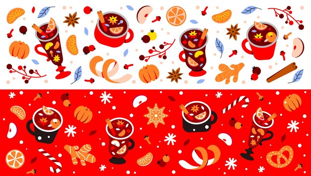 Un conjunto de pancartas horizontales con bebidas calientes de invierno. patrón navideño con vino caliente y especias