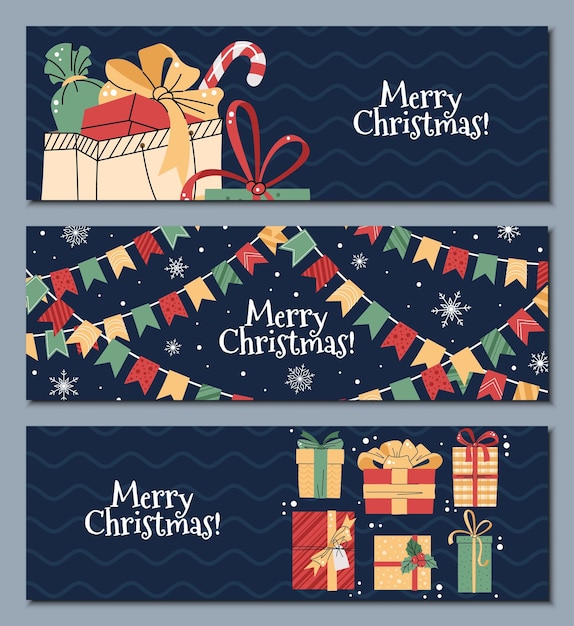 Conjunto de pancartas horizontales de Navidad con cajas de regalos una guirnalda en un estilo de dibujos animados plano Ilustración vectorial para invitaciones de pancartas de póster, etc.
