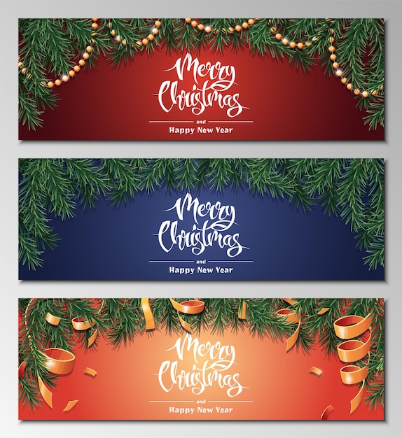 Vector conjunto de pancartas horizontales de navidad con ramas de abeto y decoraciones navideñas fondo de navidad con decoración festiva ideal para pancartas de invierno, volantes, carteles