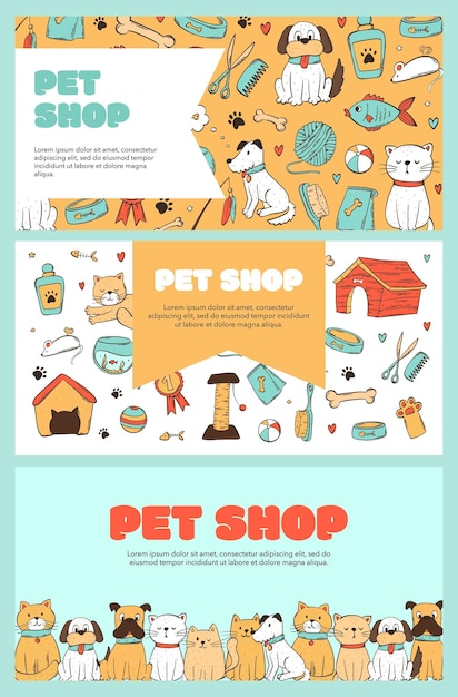 conjunto de pancartas horizontales para tiendas de mascotas veterinarios refugios para mascotas