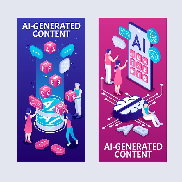 Conjunto de pancartas de inteligencia artificial de dibujos animados isométricos