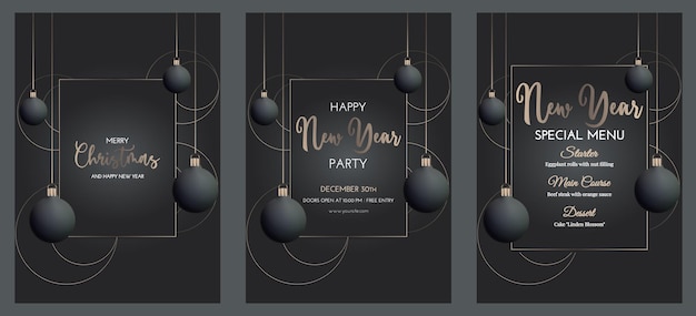 Conjunto de pancartas navideñas sobre fondo negro con bolas de Año Nuevo Círculos dorados