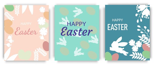 Conjunto de pancartas de Pascua tarjetas de felicitación carteles portadas de vacaciones diseño de moda con plantas