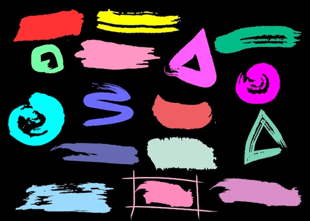 Conjunto de pancartas pintadas de grunge Manchas vectoriales de acuarela de colores brillantes aisladas en fondos de arco iris negro para diseño Ilustración de vector dibujado a mano en vector de trazo de pincel negro