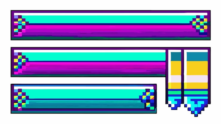 Vector conjunto de pancartas pixeladas grunge header amp footer rectángulos con bordes digitales estilo vectorial