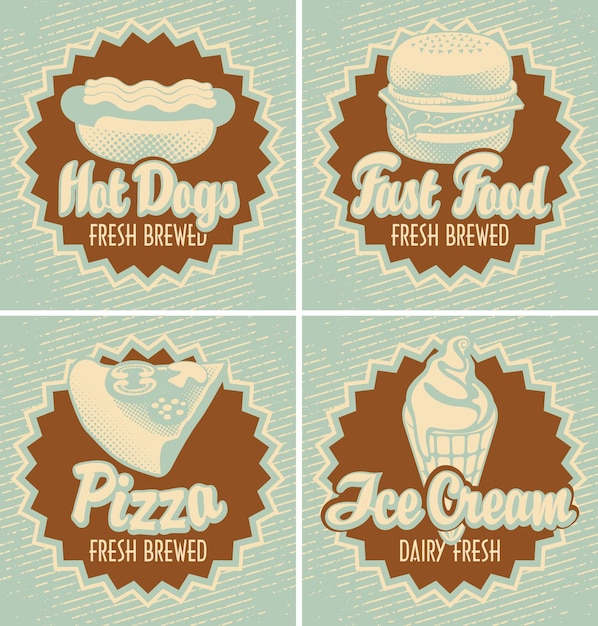 Vector conjunto de pancartas con pizza de comida rápida y helado