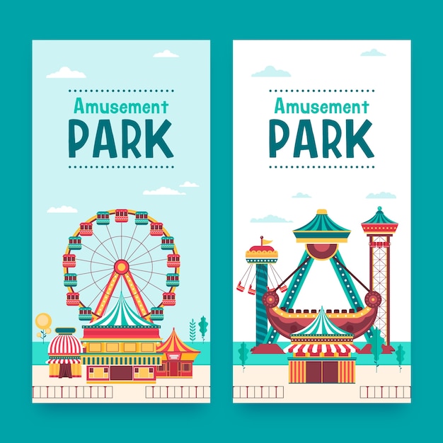 Conjunto de pancartas planas dibujadas a mano para parques de atracciones
