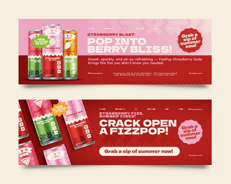El conjunto de pancartas de promoción de la felicidad de la fresa y la bebida gaseosa