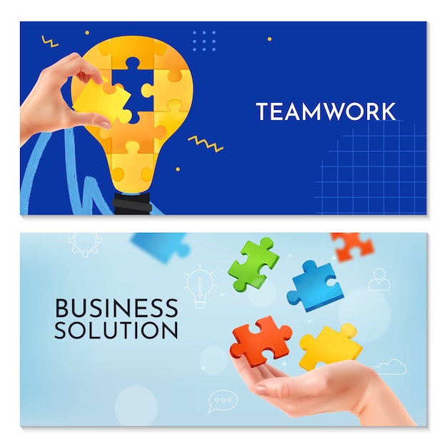 Conjunto de pancartas de solución de rompecabezas de trabajo en equipo