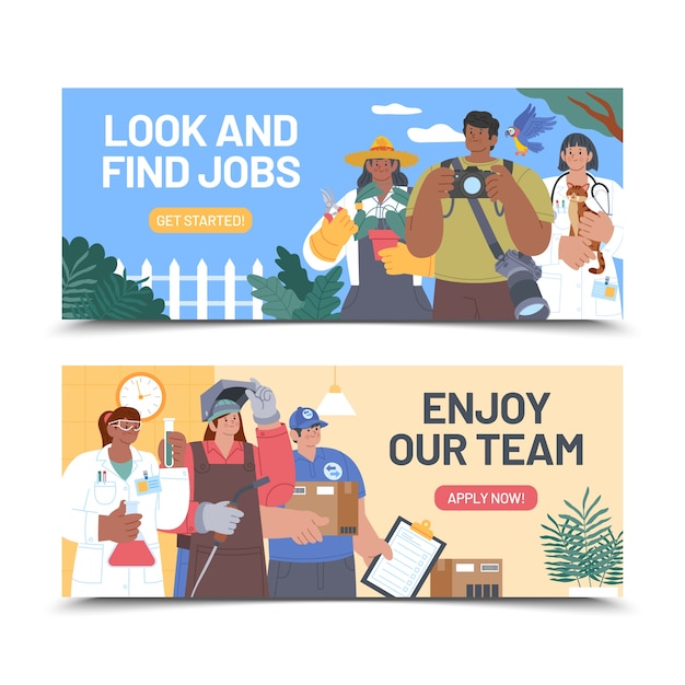 Conjunto de pancartas de trabajos y ocupaciones dibujadas a mano