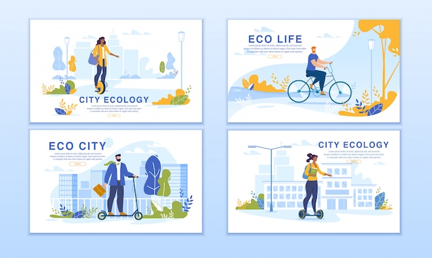 Vector conjunto de pancartas de transporte ecológico de habitantes de la ciudad montando