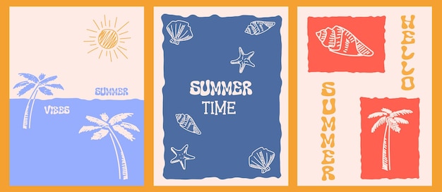 conjunto de pancartas de vacaciones de verano carteles de verano retro brillantes con rayas conchas y palmeras