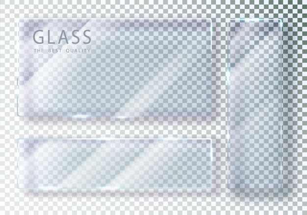 Conjunto de pancartas de vidrio transparente Placas de vidrio vectoriales con lugar para inscripciones Vidrio plano aislado sobre fondo transparente Diseño 3D realista Objeto transparente vectorial