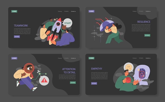 Conjunto de pancartas web de habilidades blandas centradas en el trabajo en equipo, resiliencia, atención al detalle y empatía.