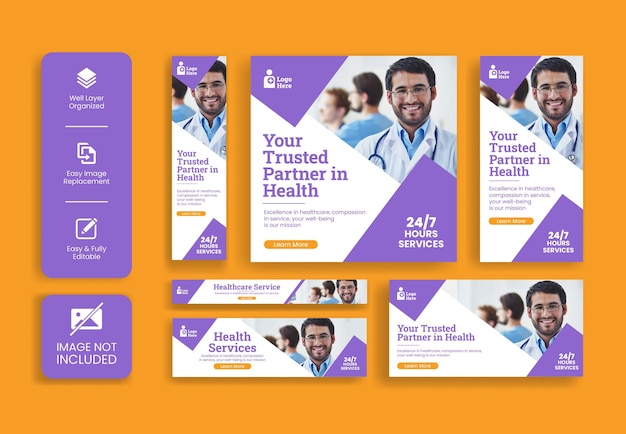 Conjunto de pancartas web médicas y colección de anuncios de sitios web de empresas de atención médica