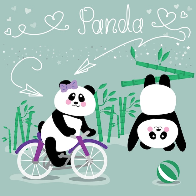 Conjunto de pandas de dibujos animados Hojas de bambú