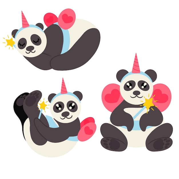 Conjunto de pandas en lindo disfraz de hada unicornio con alas y varita mágica ilustración vectorial