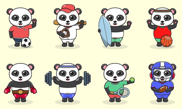 Vector conjunto de pandas con uniforme y usando equipo deportivo