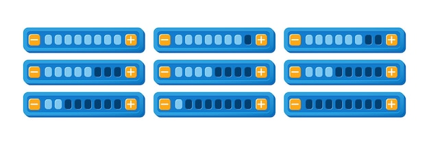 Conjunto de panel de barra de progreso de interfaz de usuario de juego colorido divertido con botón de aumento y disminución