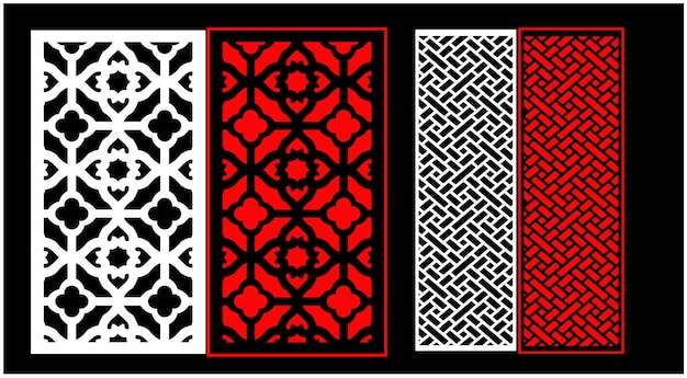 Un conjunto de paneles decorativos con un patrón rojo y blanco.