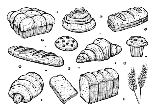 Conjunto de panes ilustración panadería productos de pastelería boceto dibujado a mano aislado en blanco