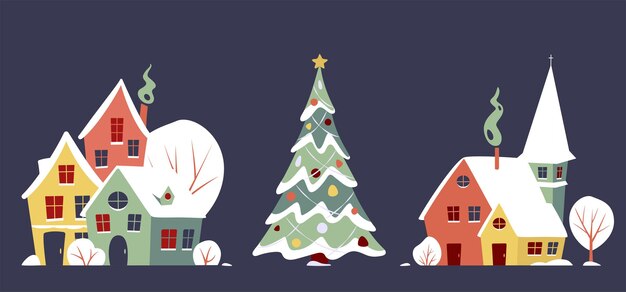 Conjunto de panorama de invierno de Navidad. Pequeño pueblo con árbol de navidad cubierto de nieve.