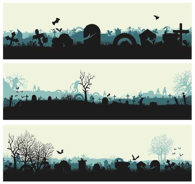 Vector conjunto de panoramas con cementerios tema de halloween de cementerios aterradores gráficos vectoriales