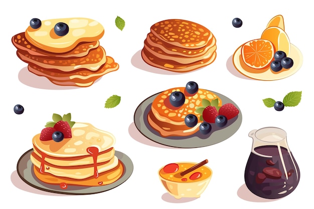 Conjunto de panqueques Un encantador conjunto de ilustraciones de diseño al estilo de dibujos animados con deliciosos panqueques
