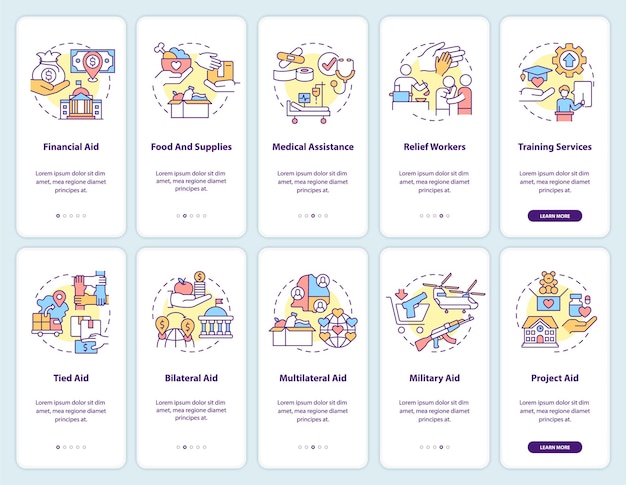 Conjunto de pantalla de aplicación móvil de incorporación de ayuda internacional tutorial de asistencia financiera páginas de instrucciones gráficas de 5 pasos con conceptos lineales ui ux plantilla de gui myriad probold fuentes regulares utilizadas