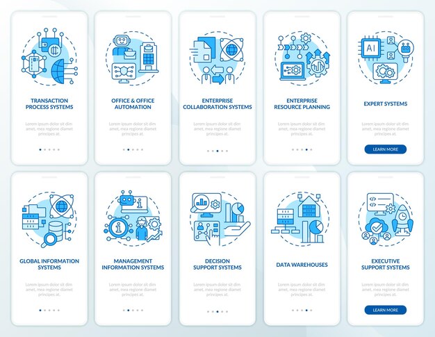 Conjunto de pantalla de aplicación móvil de incorporación azul de aplicación de sistemas de información