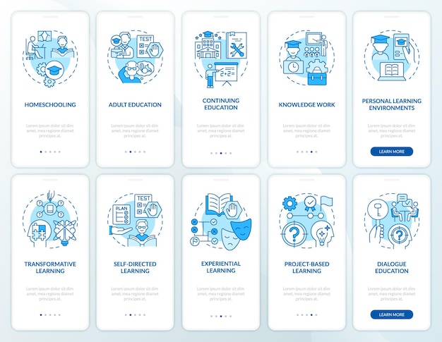 Conjunto de pantalla de aplicación móvil de incorporación azul de aprendizaje permanente