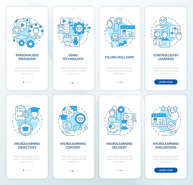 Conjunto de pantalla de aplicación móvil de incorporación azul de capacitación basada en microaprendizaje