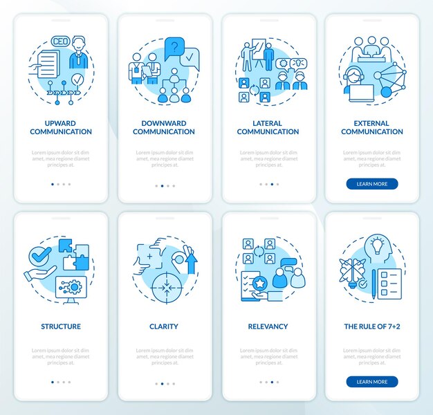 Conjunto de pantalla de aplicación móvil de incorporación azul de comunicación en el lugar de trabajo