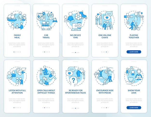Conjunto de pantalla de aplicación móvil de incorporación azul de gestión de relaciones familiares