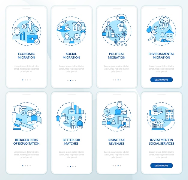 Conjunto de pantalla de aplicación móvil de incorporación azul de migración legal