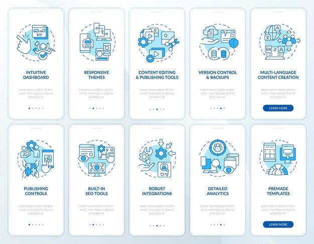 Conjunto de pantalla de aplicación móvil de incorporación azul de plataforma CMS