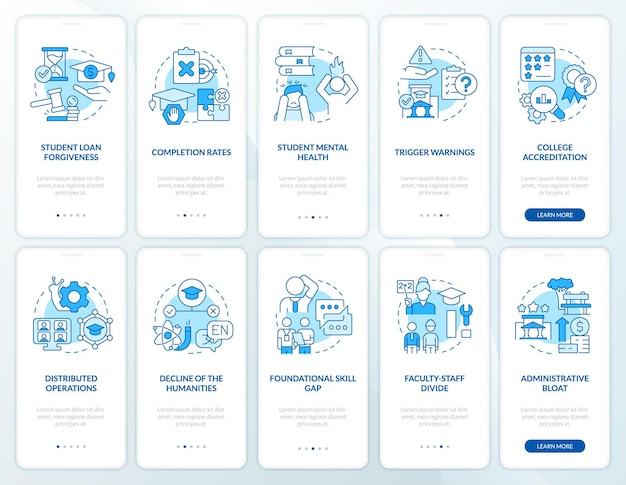 Conjunto de pantalla de aplicación móvil de incorporación azul de problemas universitarios y universitarios