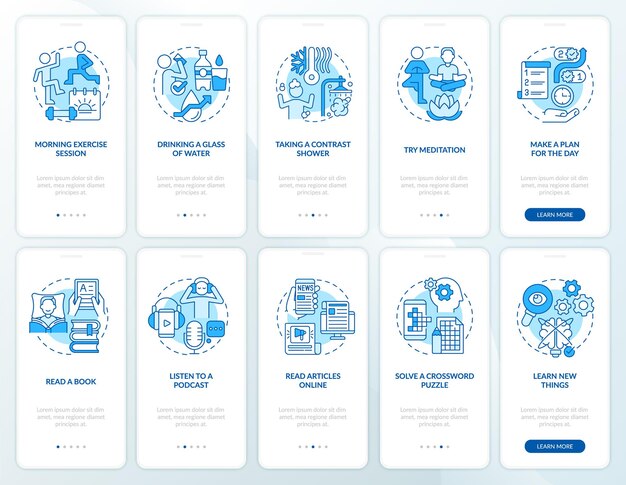 Conjunto de pantalla de aplicación móvil de incorporación azul de rutina matutina