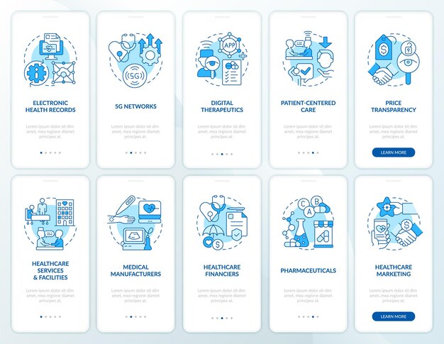 Conjunto de pantalla de aplicación móvil de incorporación azul de tendencias de la industria de la salud