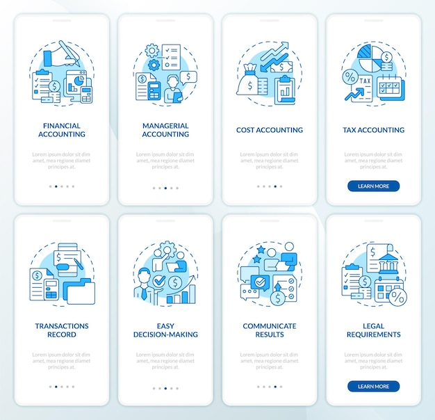 Conjunto de pantalla de aplicación móvil de incorporación de contabilidad azul