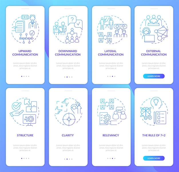 Conjunto de pantalla de aplicación móvil de incorporación de degradado azul de comunicación corporativa Recorrido de 4 pasos páginas de instrucciones gráficas con conceptos lineales UI UX Plantilla de GUI Myriad ProBold Fuentes regulares utilizadas
