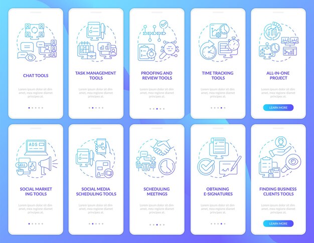Conjunto de pantalla de aplicación móvil de incorporación de degradado azul de herramientas de gestión empresarial Tutorial 5 pasos páginas de instrucciones gráficas con conceptos lineales UI UX Plantilla de GUI Myriad ProBold Fuentes regulares utilizadas