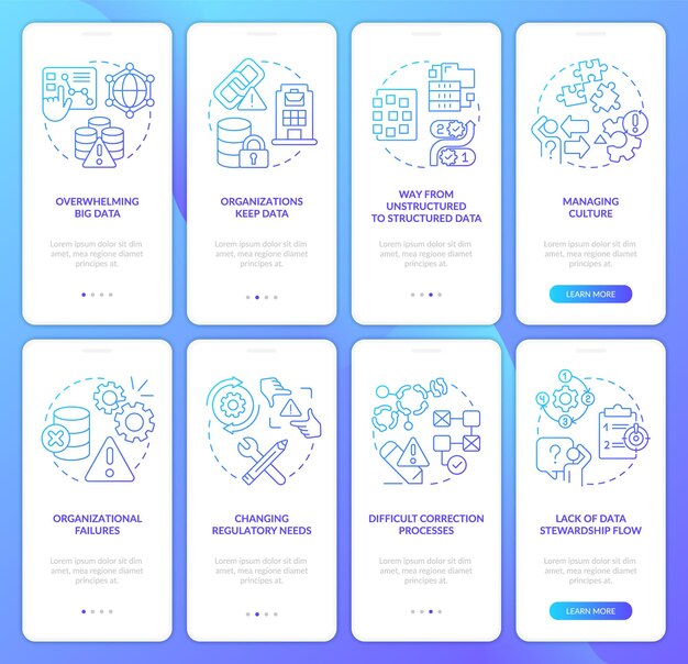 Conjunto de pantalla de aplicación móvil de incorporación de gradiente azul de problemas de gobierno de datos