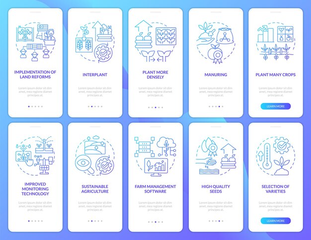 Conjunto de pantalla de aplicación móvil de incorporación de gradiente azul de productividad agrícola