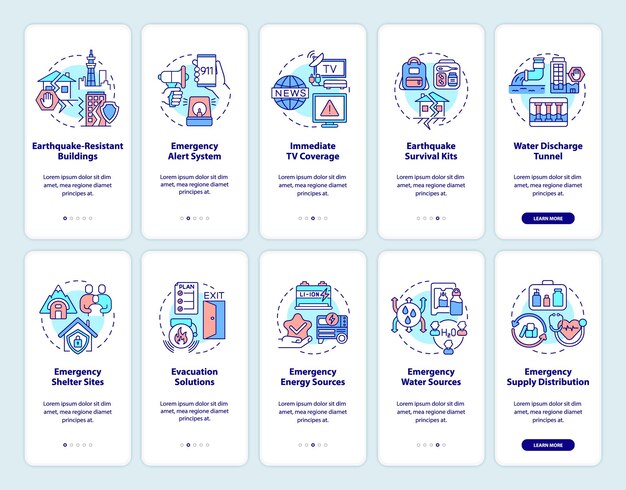 Conjunto de pantalla de aplicación móvil de incorporación de mitigación de desastres. guía de seguridad de 5 pasos con páginas de instrucciones gráficas con conceptos lineales. interfaz de usuario, ux, plantilla de interfaz gráfica de usuario. myriad pro-bold, fuentes regulares utilizadas