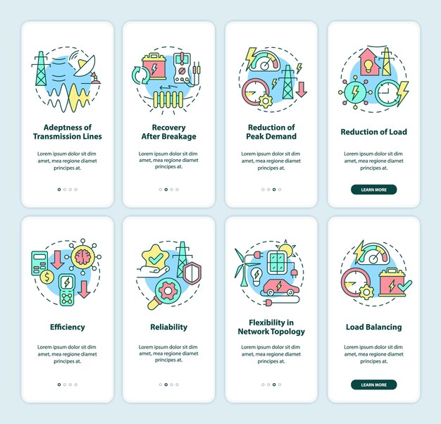 Conjunto de pantalla de aplicación móvil de incorporación de red inteligente. Recorrido de energía eléctrica Páginas de instrucciones gráficas de 4 pasos con conceptos lineales. Interfaz de usuario, UX, plantilla de interfaz gráfica de usuario. Myriad Pro-Bold, fuentes regulares utilizadas