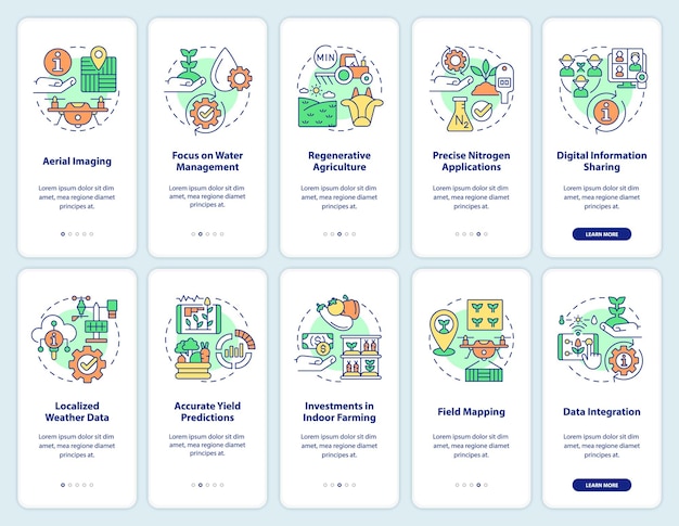 Conjunto de pantalla de aplicación móvil de incorporación de tendencias agrícolas Tutorial de agricultura Páginas de instrucciones gráficas de 5 pasos con conceptos lineales UI UX Plantilla de GUI Myriad ProBold Fuentes regulares utilizadas